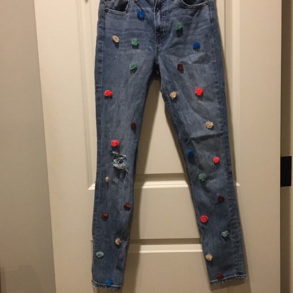 LUCKY BRAND women embellish Pom Pom distressed Bridgette Skinny Jeans Size 00/24